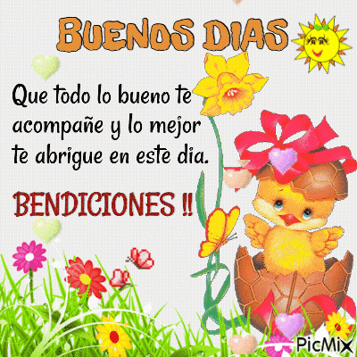 A Picture Of A Chicken With Flowers And The Words Buenos Dias Benedictions GIF