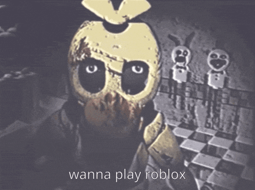 A Picture Of A Chicken With The Words " Wanna Play Roblox " GIF