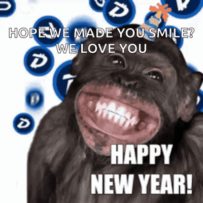 A Picture Of A Chimpanzee Smiling With The Words Happy New Year GIF