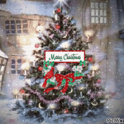 A Picture Of A Christmas Tree With A Merry Christmas Sign Above It GIF