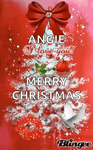 A Picture Of A Christmas Tree With A Red Bow And The Words Angie I Love You Merry Christmas . GIF