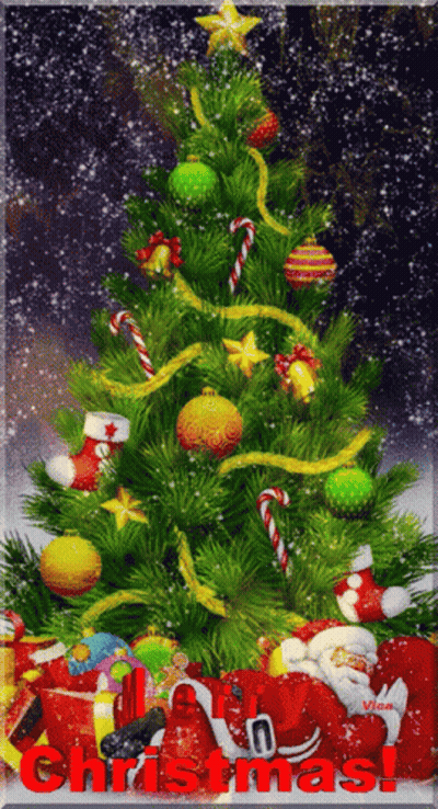 A Picture Of A Christmas Tree With The Word Christmas In Red GIF