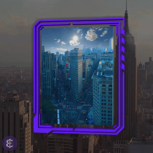 A Picture Of A City In A Purple Frame With A Dollar Sign GIF