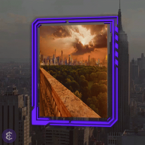 A Picture Of A City Skyline With A Purple Frame Around It GIF