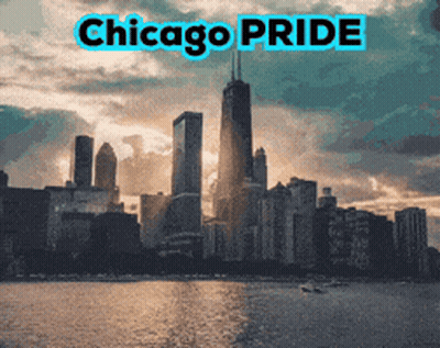 A Picture Of A City Skyline With The Words " Chicago Pride " Above It GIF
