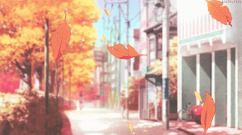 A Picture Of A City Street With Leaves Falling From The Trees With The Hashtag Escarletes GIF