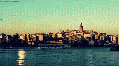 A Picture Of A City With A Boat In The Foreground And The Words Bosahayasayange On The Bottom GIF