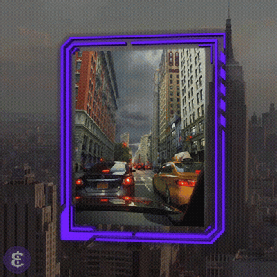 A Picture Of A City With A Purple Frame And A Sign That Says ' Uc ' On It GIF