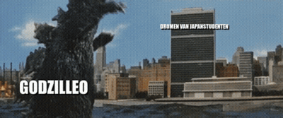 A Picture Of A City With Godzilleo Written On The Bottom GIF