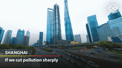 A Picture Of A City With The Words Shanghai If We Cut Pollution Sharply Below It GIF
