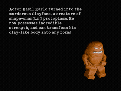 A Picture Of A Clay Figure With A Caption That Says " Actor Basil Karlo Turned Into The Murderous Clayface GIF