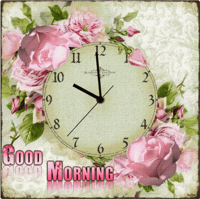 A Picture Of A Clock With Pink Flowers And The Words Good Morning GIF