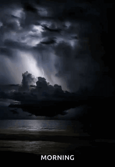 A Picture Of A Cloudy Sky Over A Body Of Water With The Word Morning Below It GIF