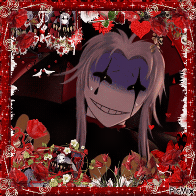 A Picture Of A Clown With A Heart On His Face Is Surrounded By Red Flowers And Hearts GIF