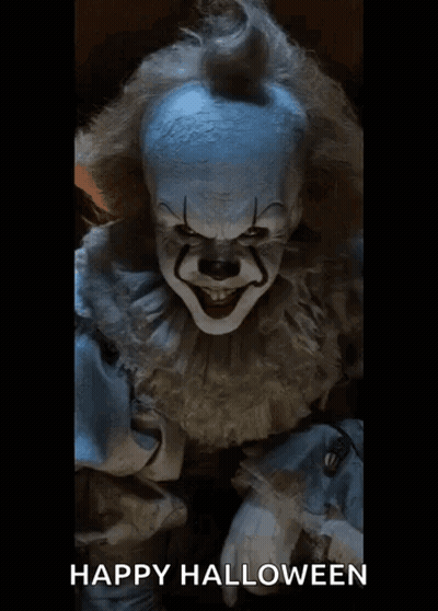 A Picture Of A Clown With The Words Happy Halloween Written On The Bottom GIF