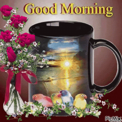 A Picture Of A Coffee Mug With Flowers And Birds And The Words Good Morning GIF