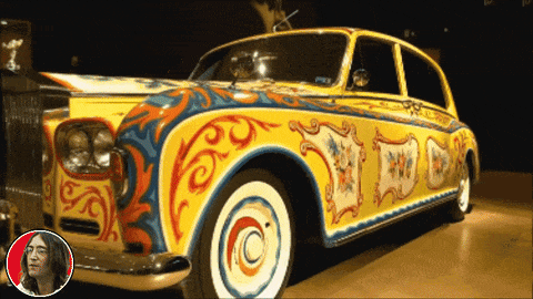 A Picture Of A Colorful Car With A Woman In A Circle GIF