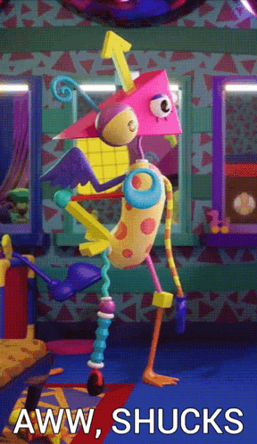 A Picture Of A Colorful Toy With The Words Aww Shucks On The Bottom GIF