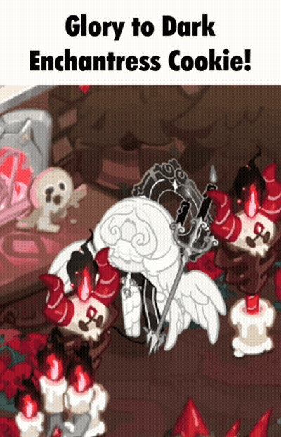 A Picture Of A Cookie That Says Glory To Dark Enchantress Cookie On The Bottom GIF