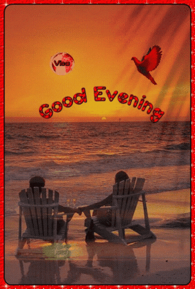 A Picture Of A Couple Sitting On The Beach With The Words Good Evening GIF