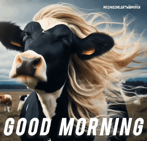 A Picture Of A Cow With Long Blonde Hair And The Words Good Morning GIF