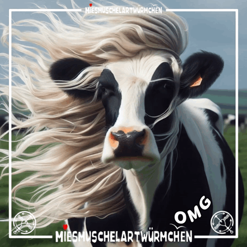 A Picture Of A Cow With Long Hair And The Words Omg On It GIF
