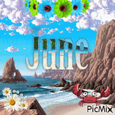 A Picture Of A Crab On A Beach With The Word June On It GIF