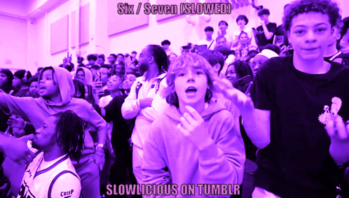 A Picture Of A Crowd Of People With The Caption Six / Seven Slowed GIF