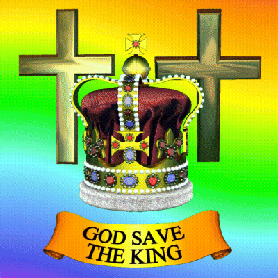 A Picture Of A Crown With The Words God Save The King Above It GIF