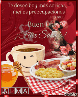 A Picture Of A Cup Of Coffee A Plate Of Food And A Jar Of Honey Says Alma GIF