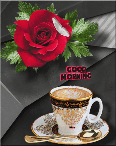 A Picture Of A Cup Of Coffee And A Rose With The Words Good Morning GIF