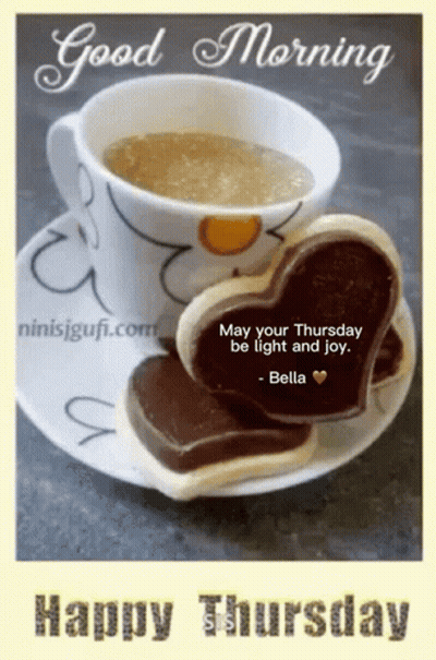 A Picture Of A Cup Of Coffee And Cookies That Says " Good Morning " GIF