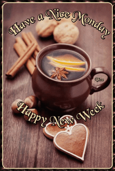 A Picture Of A Cup Of Coffee And Cookies With The Words Have A Nice Monday Happy New Week GIF