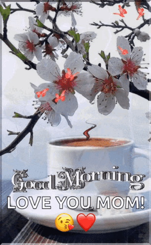 A Picture Of A Cup Of Coffee And Flowers With The Words Good Morning Love You Mom GIF
