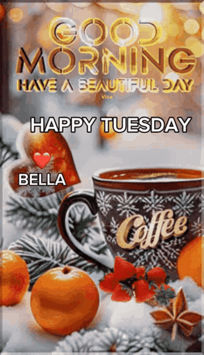A Picture Of A Cup Of Coffee And Oranges With The Words `` Good Morning Have A Beautiful Day Happy Tuesday Bella '' . GIF