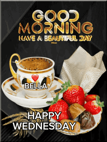 A Picture Of A Cup Of Coffee And Strawberries With The Words Good Morning Have A Beautiful Day GIF