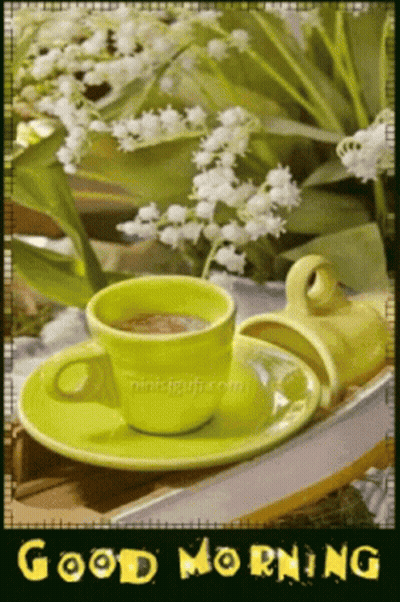 A Picture Of A Cup Of Coffee On A Saucer With The Words Good Morning GIF