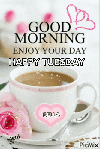 A Picture Of A Cup Of Coffee That Says " Good Morning Enjoy Your Day Happy Tuesday Bella " GIF