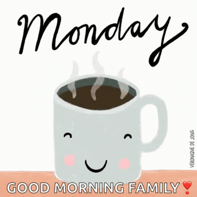 A Picture Of A Cup Of Coffee With A Face And The Words Monday Good Morning Family GIF