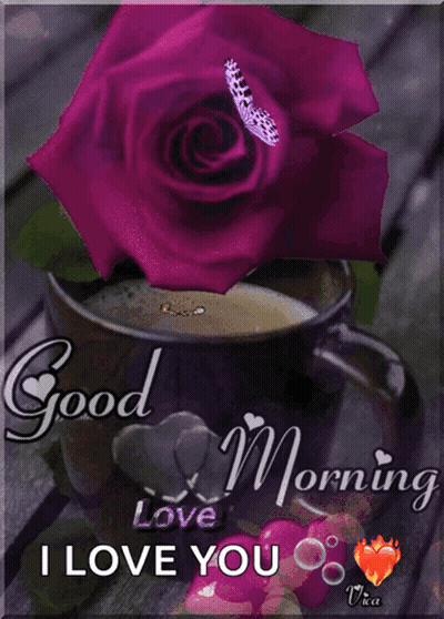 A Picture Of A Cup Of Coffee With A Purple Rose And A Butterfly On It GIF