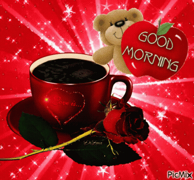 A Picture Of A Cup Of Coffee With A Teddy Bear And A Red Apple That Says Good Morning GIF