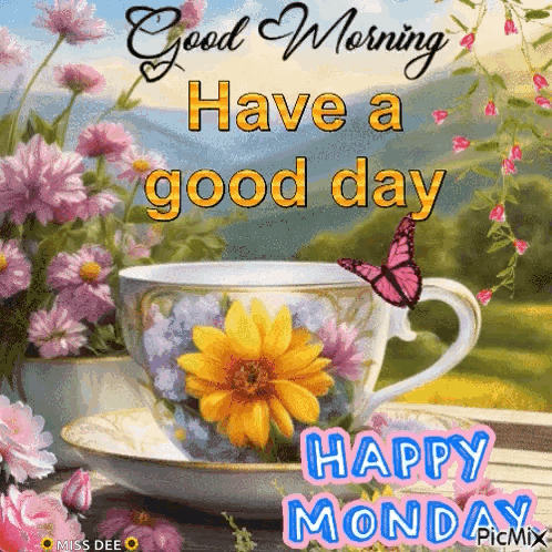 A Picture Of A Cup Of Coffee With Flowers And A Butterfly . GIF