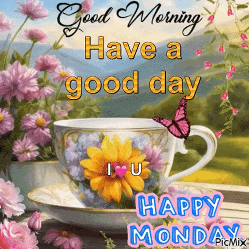 A Picture Of A Cup Of Coffee With Flowers And A Butterfly Saying Good Morning Have A Good Day I Love You Happy Monday GIF