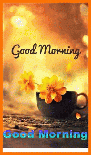 A Picture Of A Cup Of Coffee With Flowers And The Words Good Morning GIF