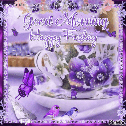 A Picture Of A Cup Of Coffee With Purple Flowers And Butterflies And The Words " Good Morning Happy Friday " GIF