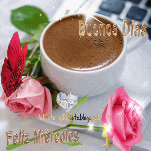 A Picture Of A Cup Of Coffee With The Words Buenos Dias GIF