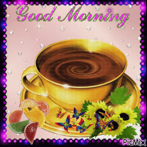 A Picture Of A Cup Of Coffee With The Words Good Morning Written On The Bottom GIF