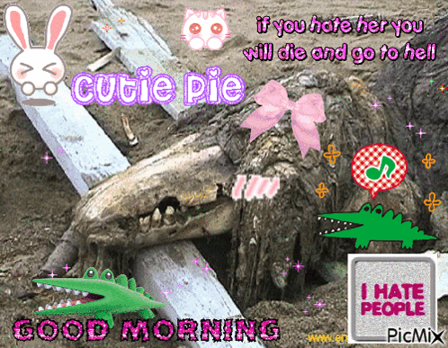 A Picture Of A Dead Crocodile With The Words " If You Hate Her You Will Die And Go To Hell " Below It GIF