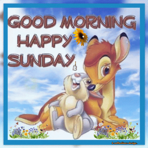 A Picture Of A Deer Hugging A Rabbit With The Words " Good Morning Happy Sunday " GIF