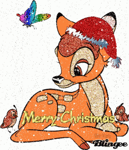 A Picture Of A Deer Wearing A Santa Hat With The Words Merry Christmas Below It GIF